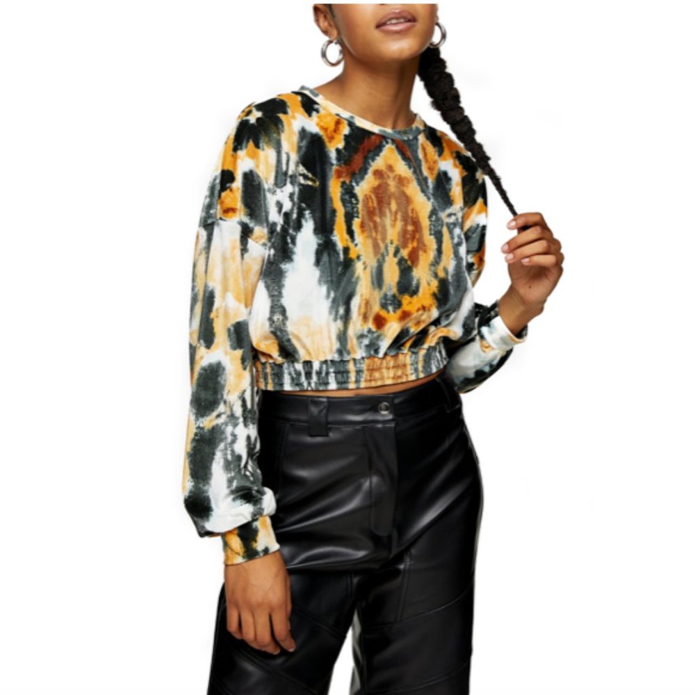 Topshop Women's Tie Dye Long Sleeve Stretch Velvet Top In Orange Multi - Picture 1 of 6